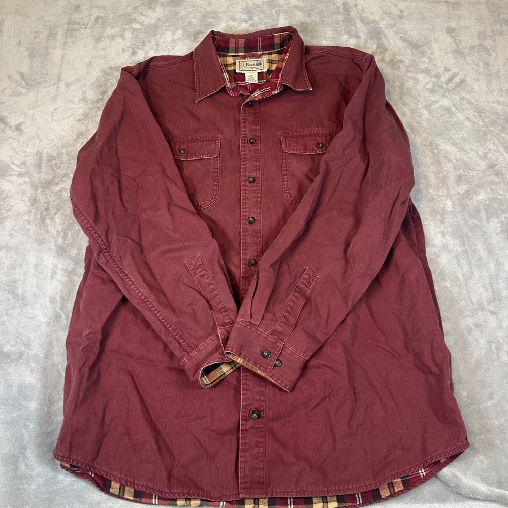 LL Bean Mens XL Tall Burgundy Flannel Lined Cotton Canvas Shirt Jacket Plaid